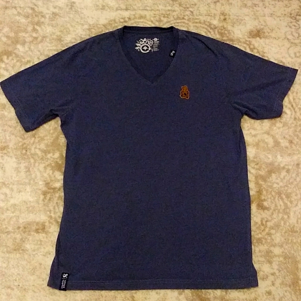 LRG/LIFTED RESEARCH GROUP V-NECK T-SHIRT, SIZE LARGE, NAVY BLUE.